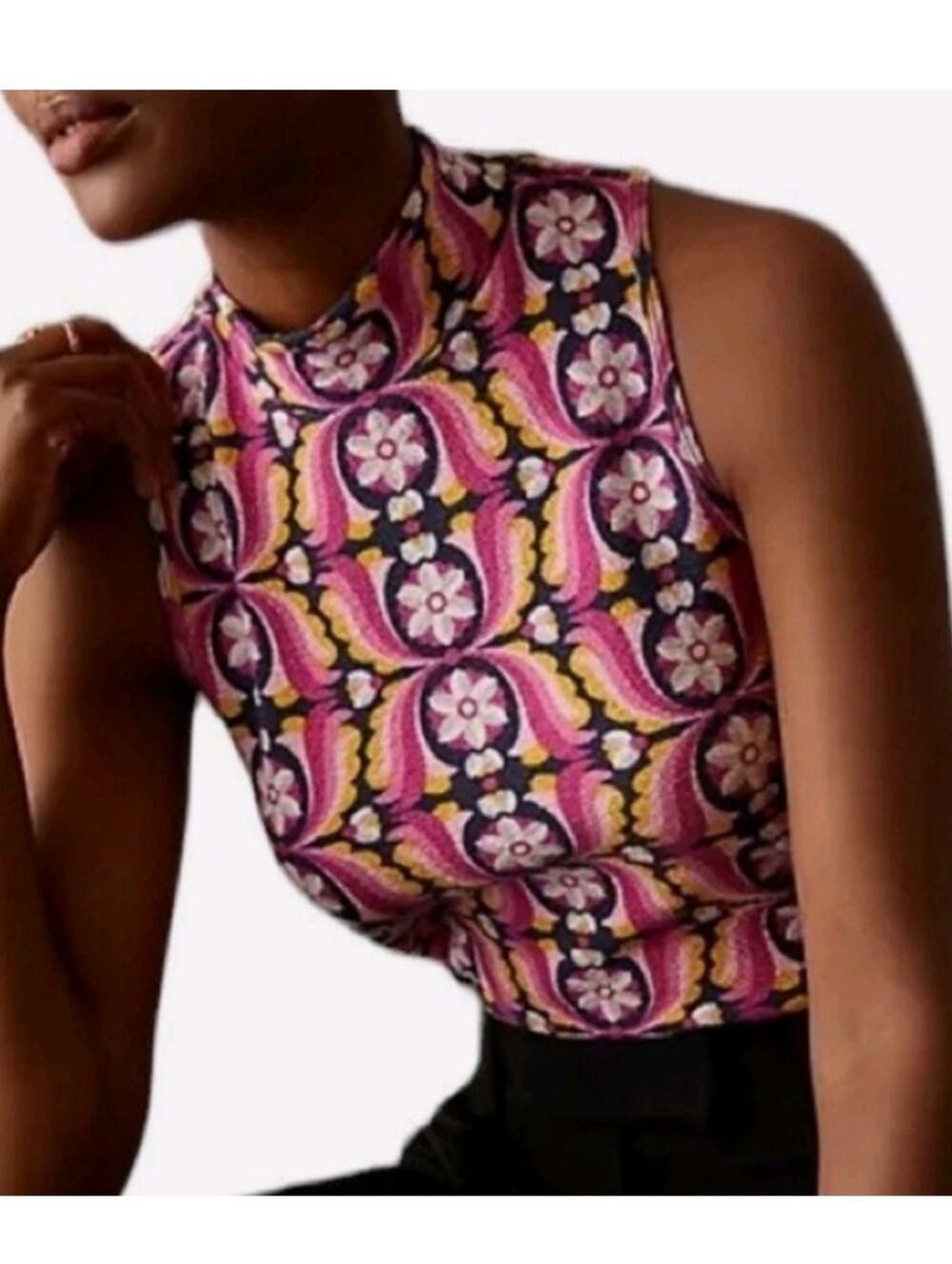 Maeve Anthropologie Mod Retro Floral Flower Abstract Geometric Mockneck Top XS